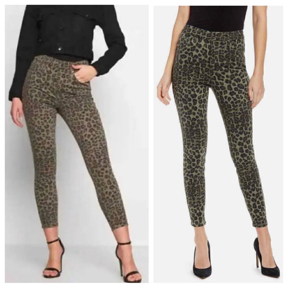 Good American High Rise Olive Green Leopard Skinny Jeans
